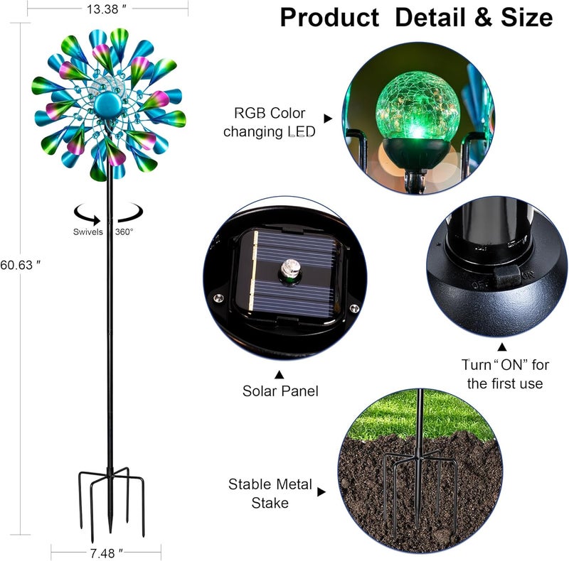 MXwcy 60'' Wind Spinner with Color Glass Ball Solar Lights, Green Peacock Feathers Metal Garden Outdoor Decor Yard Lawn Art Decor for Patio Kinetic Windmills Unique Gifts for Friends and Family - Image 5